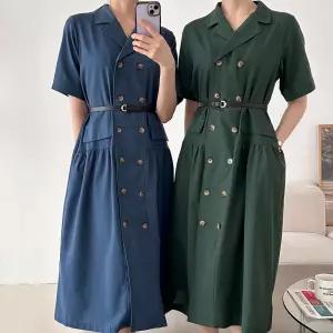 여자 린넨 더블버튼 벨트원피스 하객룩 올드머니 원피스