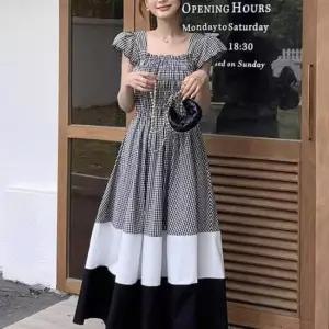 [옷은날개] 체크패턴 플레어스커트 A라인 배색 투톤 외출 원피스