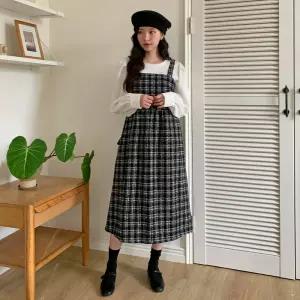 여자 뷔스티에 트위드 체크 플레어 겨울 하객룩 롱원피스