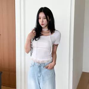 여성 슬림핏 사이드셔링 골지 레이스 반팔 티셔츠