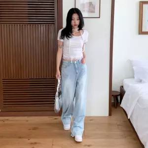 여성 슬림핏 사이드 골지 레이스 반팔 티셔츠