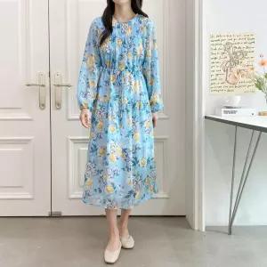 여자 봄 플라워패턴 스트링 스모크 쉬폰 원피스