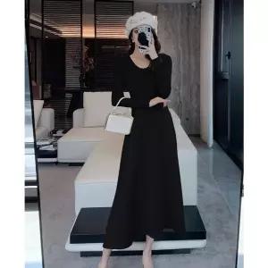 원피스 스커트 니트 블랙 여자 이너 라운드 프렌치 긴팔 슬림 허리조임 CH1