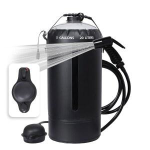 에어시티 휴대용 태양광 캠핑 샤워백 풋 펌프 및 업그레이드된 누수 방지 디자인 u2013 20L / 5갤런 야외 샤워기 비치 하이킹 여행 가볍고 큰 물 입구 가방