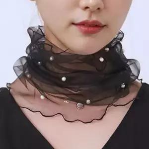 여성 시스루 진주 망사 넥워머 목주름 가리개 미니 스카프 IgE8+1iJK