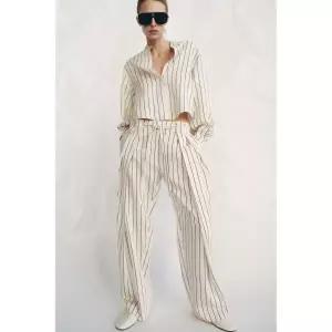 ZARA 자라 ZW 컬렉션 볼륨 소매 스트라이프 셔츠 - 크림 / 네이비 121524