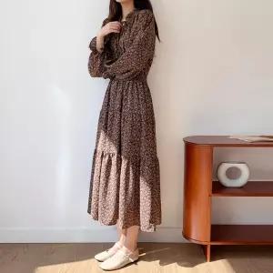 여자 프릴 리본 넥 소매 스모크 플라워 롱 원피스