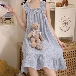 여자 시어서커 체리 민소매 프릴 리본 잠옷 원피스