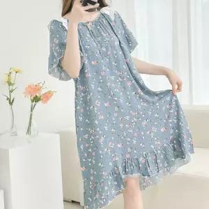 여자 여름 플라워 빈티지 셔링 프릴 롱원피스 잠옷