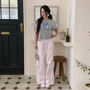 여성용 면혼방 캐릭터 프린트 크롭 반팔 티셔츠