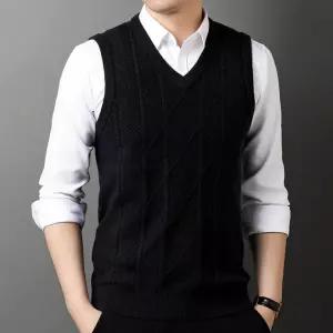 엘럽 니트 남성용 캐주얼 자카드 민소매 브이넥 나시 조끼 스웨터 원템1