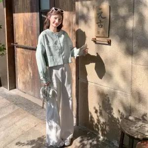 피로달 여자 춘추 캐주얼 재킷 상의 쇼트 가죽 연청색 코트 HO3