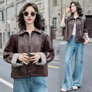 피로달 여자 캐주얼 가을 재킷 소프트 상의 가죽 PU 숏 코트 숄카라 HO3