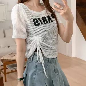 여자 워터밤 커버업 레터링 언발 셔링 시스루 티셔츠