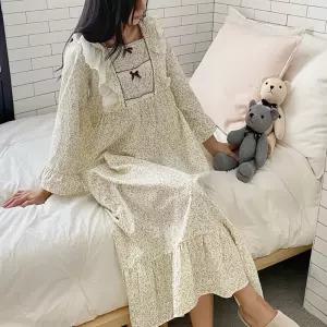 여자 잠옷 리본 프릴 스퀘어넥 잔꽃무늬 면 롱원피스