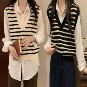 [옷은날개] 베스트 데일리 레이어드 니트 단가라 여성 조끼 여름