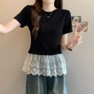여성 슬림핏 레이스 레이어드 코튼 반팔 티셔츠