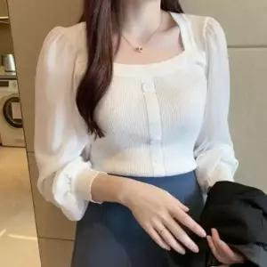 [옷은날개] 니트블라우스 니트 스퀘어넥 블라우스 쉬폰 스퀘어넥니트 소매 여자블라우스