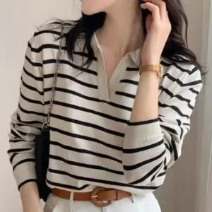 [SBD] 니트티 카라 스웨터 브이넥 긴팔 여성 니트 스트라이프 가을 크롭 간절기