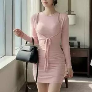 |KCD296B|여성 슬림핏 셔링 골지 민소매 드레스와 볼레로 가디건 세트