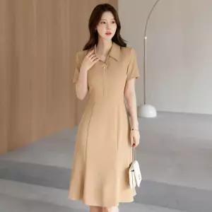 [시크라인] (~XXL까지) 레쿠스 오픈카라 진주버튼 플레어 원피스 여름 하객룩 오피스룩 모임룩 격식룩 빅사이즈