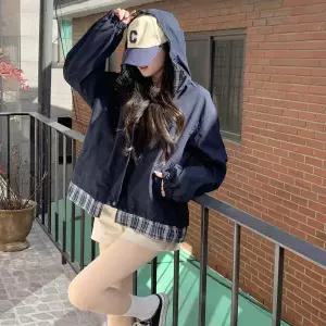 여자 점퍼 후디 콘트라스트 빅사이즈 격자 환절기 자켓