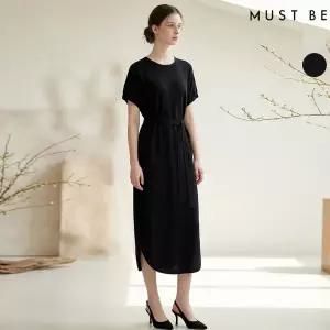 여성 라운드넥 벨티드 반팔 롱원피스