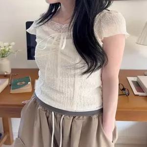 [엘루이즈] 아루키 레이스 스퀘어넥 링클 캡소매 반팔 티셔츠 2color)