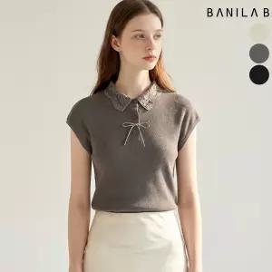 여성 레이스 카라 리본장식 캡소매 니트