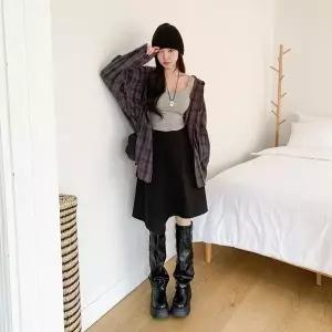 [옷자락]여자 내추럴핏 오버사이즈 지지미 체크 후드 면 롱 셔츠 남방_P420392890