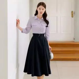 XXL까지) 에리오 셔츠배색 벨트 플레어원피스 봄 가을 하객룩 오피스룩 모임룩 격식룩 빅사이즈