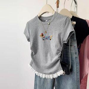 패션라인 BL10542_머피레이스티셔츠/러블리무드/프릴포인트/리본자수/반팔탑/여름코디/캐주얼룩