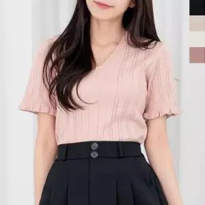 [옷은날개] 여성 러블리 크롭 브이넥 반팔 니트티 1P 프릴 티셔츠