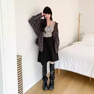 [옷자락]여자 내추럴핏 오버사이즈 지지미 체크 후드 면 롱 셔츠 남방