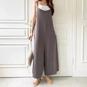 [옷자락]여자 루즈핏 와이드 끈나시 포켓 폴리스판 점프수트