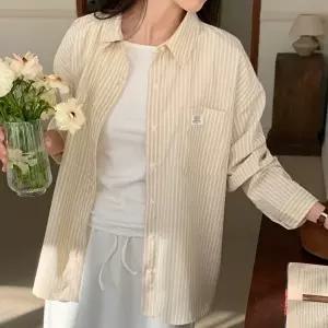 [옷자락]여자 봄 노란색 분홍색 스트라이프 오버핏 포켓 셔츠