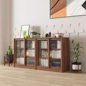 슬라이딩 도어 원목 수납책장 4단 낮은 원목 사이드보드 거실 서재 공간활용 인테리어 가구