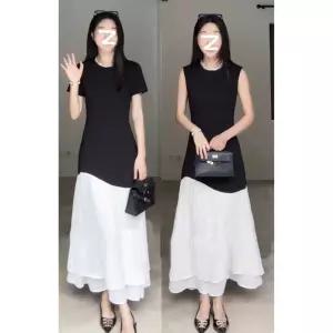 밑단 레이스 쉬폰 반팔 롱 원피스 언밸런스 슬림핏 루즈핏 하객