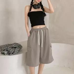 여자 와이드핏 무채색 SS 카고버뮤다 고무줄 반바지