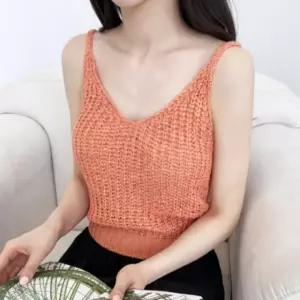 여성 그물 여름 레이어드 니트탑 민소매 브이넥 나시