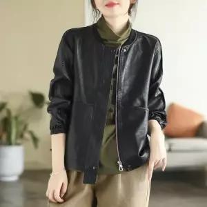 스트레인지 여성용 검정 캐주얼 무스탕 코트 숏긴팔 가죽 루즈핏 PU옷 봄가을 야구넥 데일리룩 KUK1
