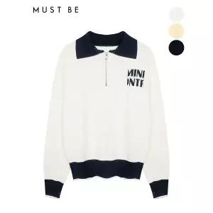 [하프클럽/머스트비]반집업 레터링 배색 니트 티셔츠