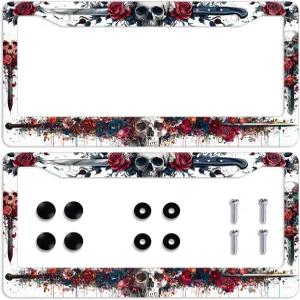해골 번호판 프레임 나이프 소드 플라워 로즈 아트 스켈레톤 자동차 전면 개인 맞춤 스테인리스 스틸 금속