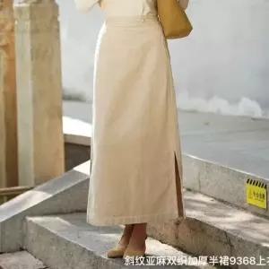 M1 치마 여친 가을 빈티지 A라인 트임 플레어 투웨이 이중 린넨 트윌 일자 도톰 JEN3