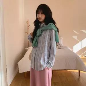 [하프클럽/옷자락]여자 데일리 오버핏 레인보우체크 스트라이프 남방