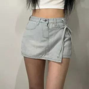 리본 랩 워싱 데님 치마바지 미니 스커트 숏팬츠 여성 A라인 치마 연청 반바지 언발 면 바지