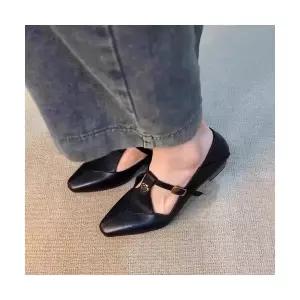 올요아 여사친 빈티지 펌프스 스트랩힐 사각 스트랩 슬림핏 슈즈 통굽 진가죽 헤어 메리제인 키작녀 꾹5