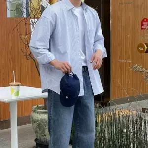 EAMT 남성용 캐주얼 루즈핏 긴팔 아우터 봄가을 커플 코디 셔츠 스트라이프 체크 YJ1