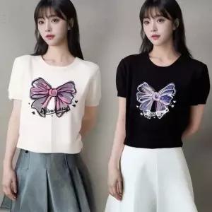 여성 예쁜 리본 프린팅 라운드넥 여름 니트 티셔츠