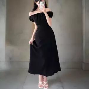 여성 꽃무늬 오프숄더 셔링 반팔 A라인 롱 드레스